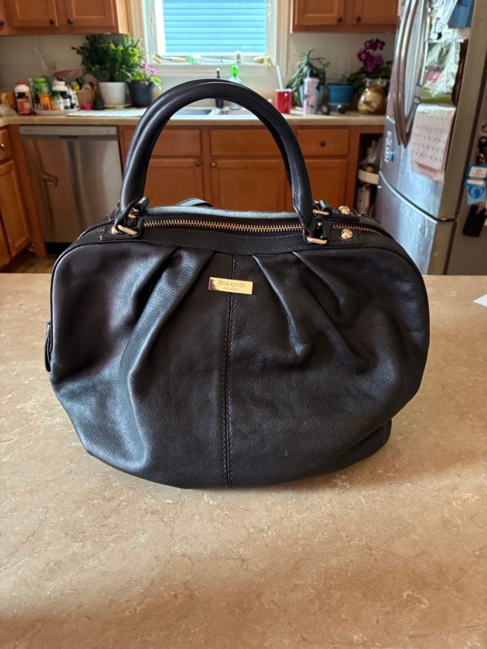 kate spade Black Leather Dome Satchel with Gold Hardware and crossbody strap